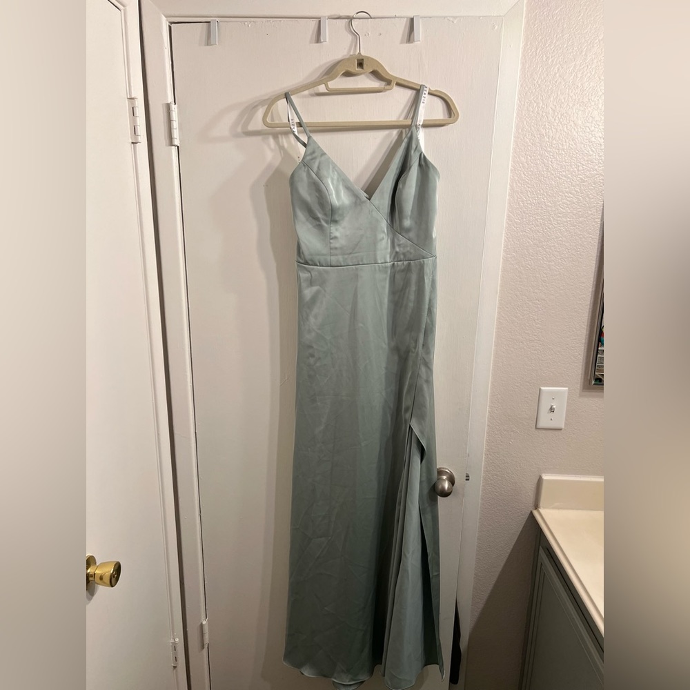Azazie stretch satin bridesmaid dress in agave green size large